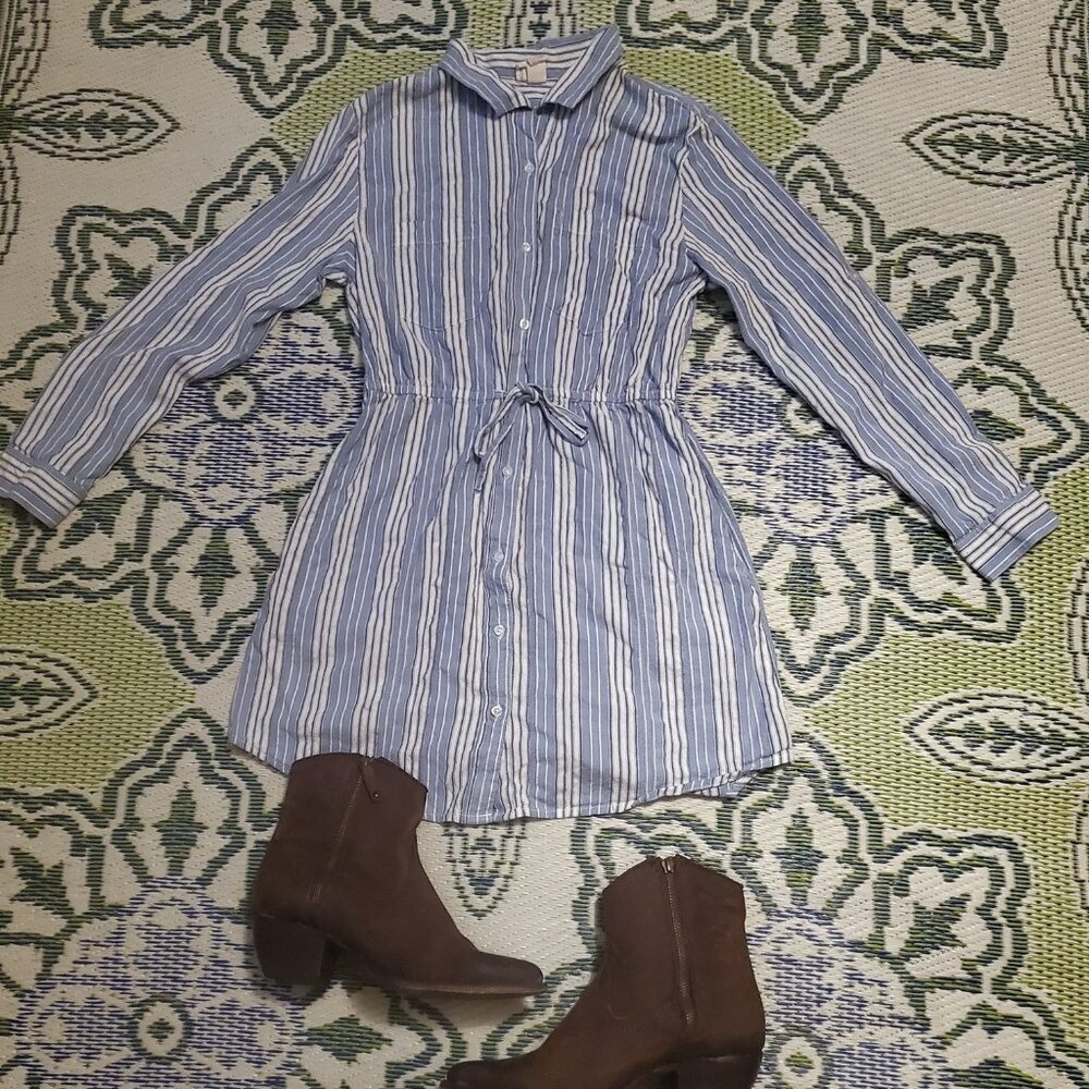 JAPNA Cargo Long Sleeve Shirt Dress Striped Blue White Sz L EUC